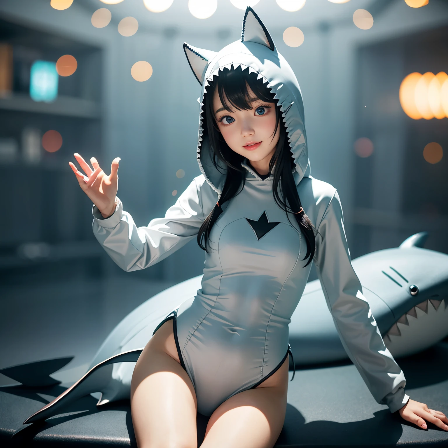  ((Skinny Shark BodySuit, (Stuffed shark head) hood)with Fin), 8k, High-level, absurd, masterpiece, best quality, primitive, very detailed CG, very detailed wallpaper, perfect lighting, Extremely detailed ((( personifying " Shark" as a  Girl))), MysticSight, Tyndall effect, Tyndall scattering, (Studio gray background with (Overflowing oodles Dazzling RainbowColorParticles (BokeH))), (RoundlyButts,  Leg Fin), (Exposed:0.4), (Assfocus with looking ahead) BREAK  (Acutance:0.88), (NOGIZAKA face variations) Extremely Detailed very KAWAII face variations, perfect anatomy, Childish, CaptivatingGaze ElaboratePupils detailed Eyes with (sparkling highlights:1.28), (Voluminous LongEyelashes:0.88)、GlossyRED Lips with beautiful details, RosyCheeks, Radiant PearlSkin with Transparency . { (Dynamic LifeLike expressions:1.4) | (:d) }, (large eyes:-1) . (animal ears:-1.2)