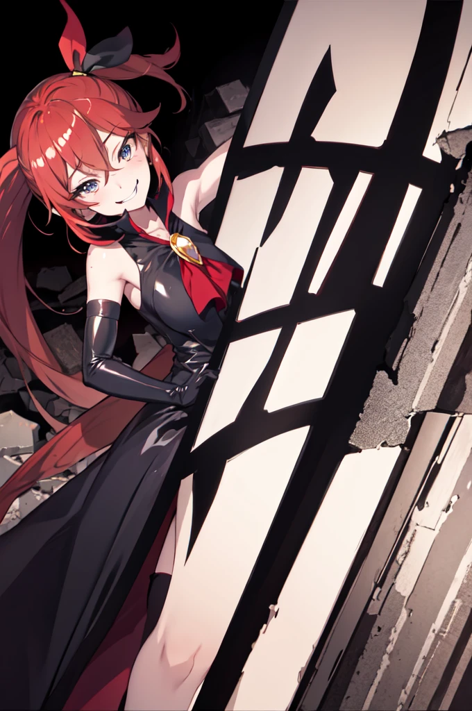 Highest quality, masterpiece, One Girl,Not beautiful, Red Ponytail, Long dress, brooch, Hair Ribbon, - Elbow hand pockets, Black knee socks, Standing on the rubble, (A very wicked smile:1.1), ,,Dark shadowed face,Sadistic smile,Malice,Contempt,smile,latex,Bad face,,Red Skirt,two hands,two legs,five fingers,evil background,elbow gloves,latex, Wicked Smile, devilish aura (Shiny fabric:1.5),Evil Darkness,独奏