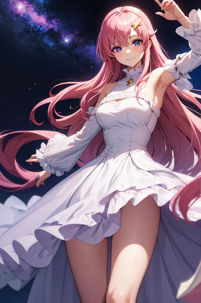 (masterpiece:1.3), (best quality:1.1), (8k, ultra detailed, ultra high res:1.2), ((anime style)), perfect 5 fingers, perfect anatomy,
1girl,
BREAK long hair,
pink hair,
purple eyes,
long dress, white dress, long sleeve, frill, frill skirt, detached sleeves, shoulder hole tops
looking at viewer, smile, standing,
(cowboy shot1.5),
perfect light,
(detailed background:1.2), space, the cosmos, galaxy,