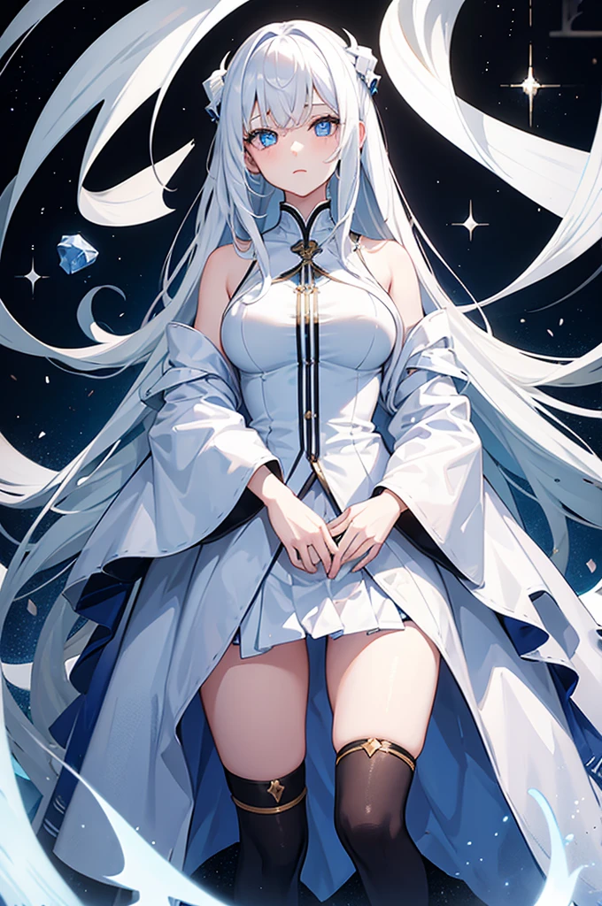 A girl，White long hair，Dissemination，Blue pupils，Big breasts，17-year-old girl，Humanity，A bit dull，A bit shy