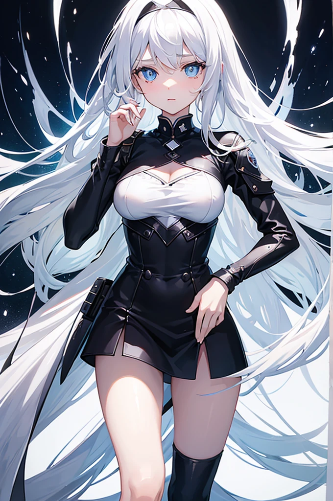 A girl,White long hair,Dissemination,Blue pupils,Big breasts,17-year-old girl,Humanity,A bit dull,A bit shy