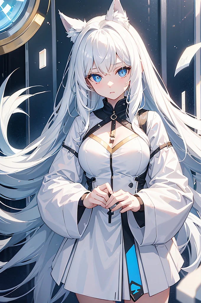 A girl,White long hair,Dissemination,Blue pupils,Big breasts,17-year-old girl,Humanity,A bit dull,A bit shy