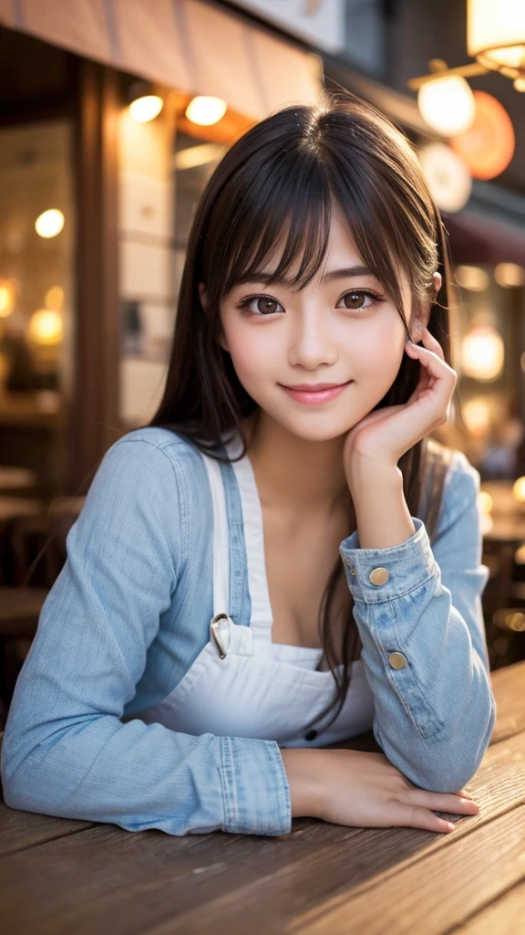 Cute girl working at a cafe terrace　Japanese　１９age　
Professional Lighting　Digital SLR　Beautiful and elaborate face　Perfect and beautiful face　Big eyes Smile