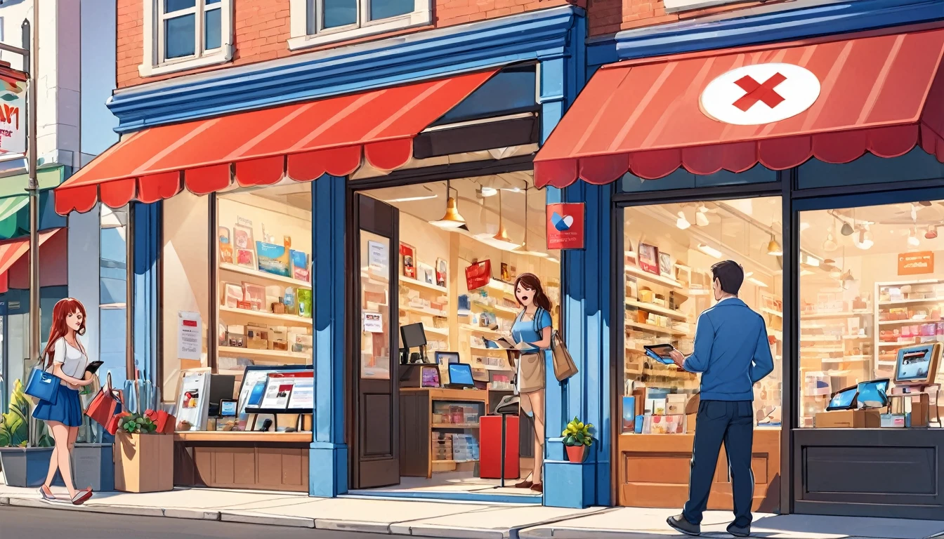 Draw a scene divided into two parts. On the left side, show an empty and disorganized store with a worried and frustrated business owner looking at a computer with a blank screen or a red X, representing the absence of a profile on Google My Business . Outside the store, show customers who are confused and dissatisfied, looking at their cell phones and trying to find information, but to no avail.

On the right side, show a competitor store that is well organized and full of happy customers. The business owner of this store is smiling, looking at a computer or smartphone with the screen showing an optimized Google My Business profile, full of positive reviews, updated information and icons for promotions and events. Outside the store, show customers easily finding the store on their mobile devices and walking in happily.

Use an anime art style to capture strong emotions and make the scene visually appealing and engaging.