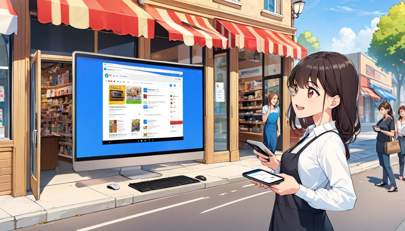Draw a scene divided into two parts. On the left side, show an empty and disorganized store with a worried and frustrated business owner looking at a computer with a blank screen or a red X, representing the absence of a profile on Google My Business . Outside the store, show customers who are confused and dissatisfied, looking at their cell phones and trying to find information, but to no avail.
On the right side, show a competitor store that is well organized and full of happy customers. The business owner of this store is smiling, looking at a computer or smartphone with the screen showing an optimized Google My Business profile, full of positive reviews, updated information and icons for promotions and events. Outside the store, show customers easily finding the store on their mobile devices and walking in happily.
Use an anime art style to capture strong emotions and make the scene visually appealing and engaging.