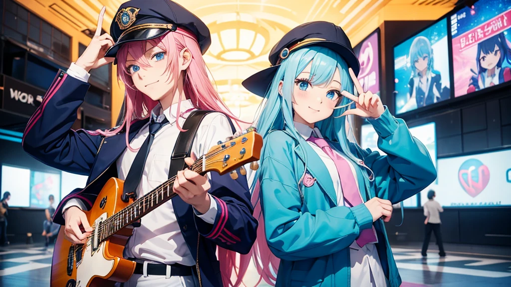Anime style illustration with a vibrant city background similar to Shibuya. The main characters are a girl with long blue hair and blue eyes wearing a with a pink tie, and a boy with short blue hair wearing a white suit and hat. In this image, the girl is making a peace sign with her fingers and smiling brightly, while the boy is standing relaxed next to her, holding a guitar. The background remains colorful with musical notes floating around.