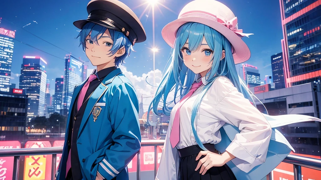 Anime style illustration with a vibrant city background similar to Shibuya. The main characters are a girl with long blue hair and blue eyes wearing a  with a pink tie, and a boy with short blue hair wearing a white suit and hat. In this image, the girl is making a peace sign with her fingers and smiling brightly, while the boy is standing relaxed next to her, holding a guitar. The background remains colorful with musical notes floating around.