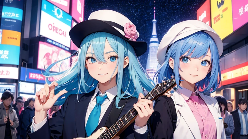 Anime style illustration with a vibrant city background similar to Shibuya. The main characters are a girl with long blue hair and blue eyes wearing a with a pink tie, and a boy with short blue hair wearing a white suit and hat. In this image, the girl is making a peace sign with her fingers and smiling brightly, while the boy is standing relaxed next to her, holding a guitar. The background remains colorful with musical notes floating around.