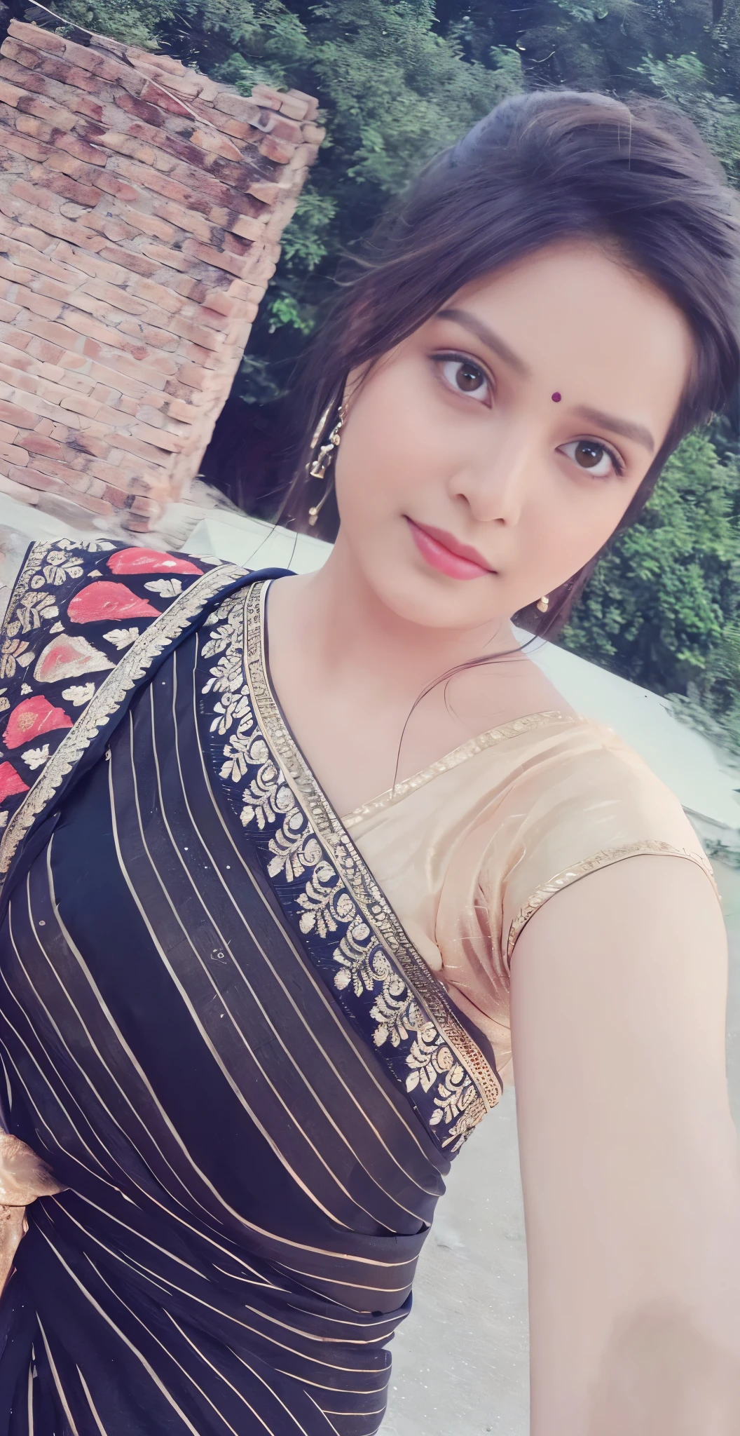 (((desi girl))), chubby face, natural skin, wearing bhue bridal saree, charming black hair, ((hair ends are blonde)), greenary village background, bokeh