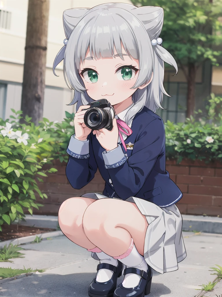 Outdoor,((School building)),1girl,Green Eyes, Grey Hair, hair ornaments, bangs, Virtual YouTuber, blunt bangs, Double Bang, Animal ears, Flat Chest,uniform,Navy Blue Blazer,White shirt,Pink ribbon,Grey Skirt,Pink Panties,White long socks,(Black low heels),I have a pink camera,Bring the camera closer to your face,squat,Hold the camera, :3