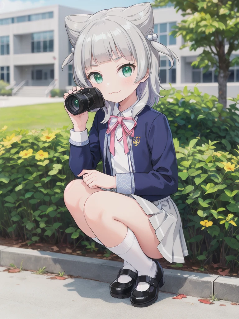 Outdoor,((School building)),1girl,Green Eyes, Grey Hair, hair ornaments, bangs, Virtual YouTuber, blunt bangs, Double Bang, Animal ears, Flat Chest,uniform,Navy Blue Blazer,White shirt,Pink ribbon,Grey Skirt,Pink Panties,White long socks,(Black low heels),I have a pink camera,Bring the camera closer to your face,squat,Hold the camera, :3