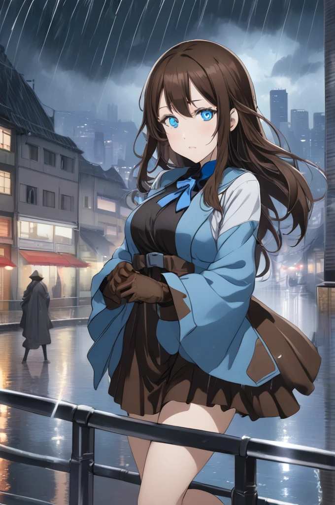 Sakurazaka Shizuku Light blue eyes Dark brown hair Long Hair Hair ribbon on head whole body Large Breasts Solitude Rain Outfit Western cityscape High quality Black gloves