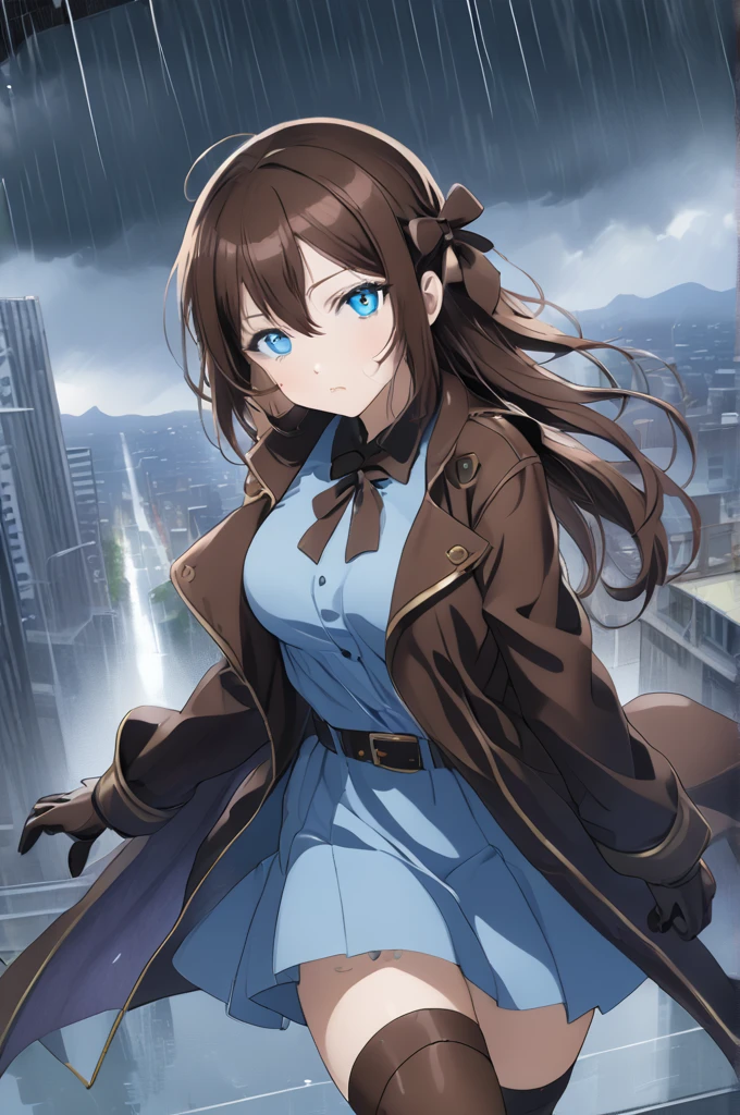Sakurazaka Shizuku Light blue eyes Dark brown hair Long Hair Hair ribbon on head whole body Large Breasts Solitude Rain Outfit Western cityscape High quality Black gloves