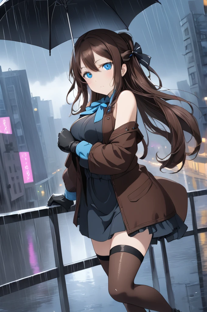 Sakurazaka Shizuku　Light blue eyes　Dark brown hair　Long Hair　Hair ribbon on head　whole body　Large Breasts　Solitude Rain Outfit　Western cityscape　High quality　Black gloves