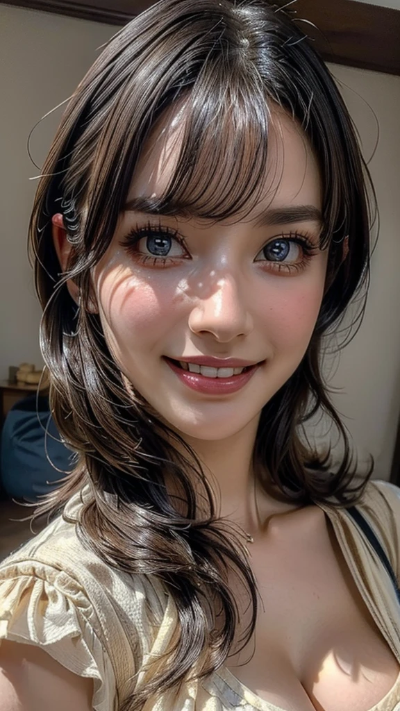 ((high quality:1.4)) , (Super detailed:1.2 ) , (Highly detailed beautiful face:1.4), ((Highest quality)), ((masterpiece)),((realistic:1.4)),smile ,beautiful woman, (be familiar with), perfect face、(8K, highest quality, masterpiece:1.2),(ultra high resolution:1.0),((Natural big breasts:1.2))