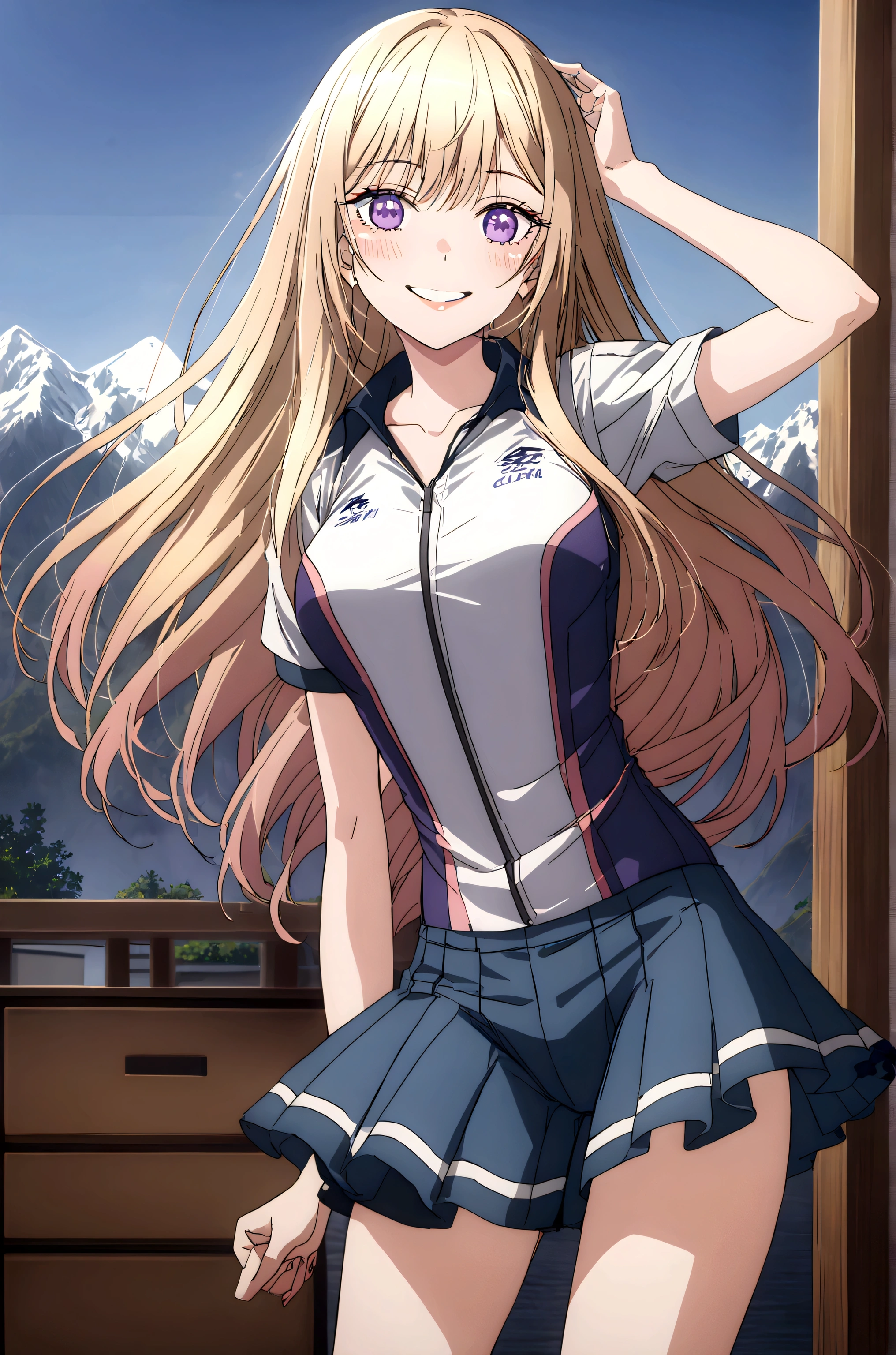 Create an image of a young woman with long, flowing blonde hair and captivating purple eyes. She is smiling warmly and has a light blush on her cheeks. She wears short sleeve cycling jersey and half cycling pants, giving a casual yet stylish appearance. outdoor, mountain road, blue sky, She stands confidently, exuding a friendly and approachable demeanor.