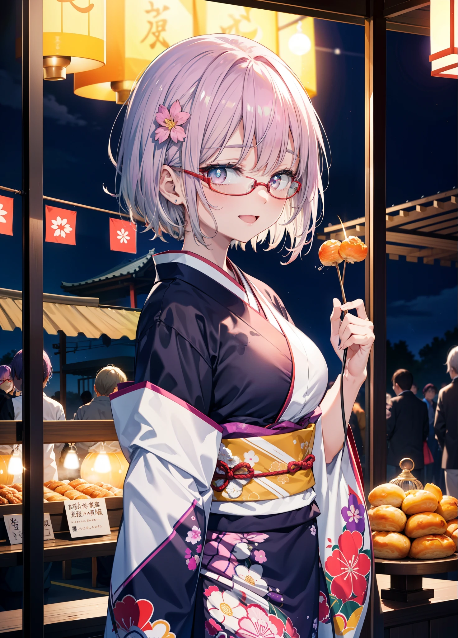 akaneshinjou, shinjou akane, Light purple hair, (Pink Eyes:1.2), happy smiles, Flower Hair Ornaments,smile, Open your mouth,short hair,Red-rimmed glasses,Big Breasts,Purple kimono,Thick sleeves,Japanese Festivals,Summer festival food stalls,Red Lantern,firework,場所はfirework大会、Time is night,Are standing,whole bodyがイラストの中に入っていくように,
break looking at viewer, whole body, break indoors, room, break (masterpiece:1.2), Highest quality, High resolution, unity 8k wallpaper, (shape:0.8), (Beautiful and beautiful eyes:1.6), Highly detailed face, Perfect lighting, Extremely detailed CG, (Perfect hands, Perfect Anatomy),