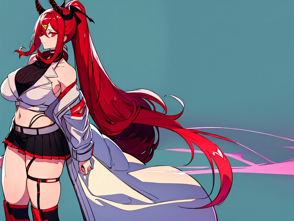 A  female with long red hair tied into a high ponytail with two medium-sized horns protruding from each side of her head. Soft pastel glowing eyes with thin eyebrows. Pronounced  and . Wears a choker around her neck, a black bra, a jacket worn half off her shoulders, a short skirt, thigh-high stockings with a garter belt, and black high heels.