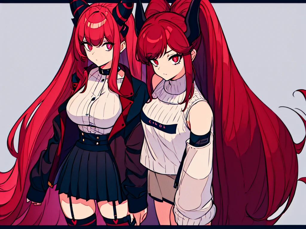 A  female with long red hair tied into a high ponytail with two medium-sized horns protruding from each side of her head. Soft pastel glowing eyes with thin eyebrows. Pronounced  and buttock a choker around her neck, a black bra, a jacket worn half off her shoulders, a short skirt, thigh-high stockings with a garter belt, and black high heels.