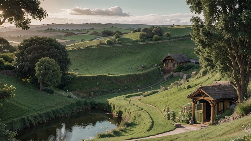 Create a wide landscape image of the Shire from 'The Lord of the Rings'. The scene should include rolling green hills, cozy Hobbit homes with round doors, lush gardens, winding paths, and a peaceful river. The atmosphere should be serene and idyllic, capturing the timeless beauty and tranquility of the Shire