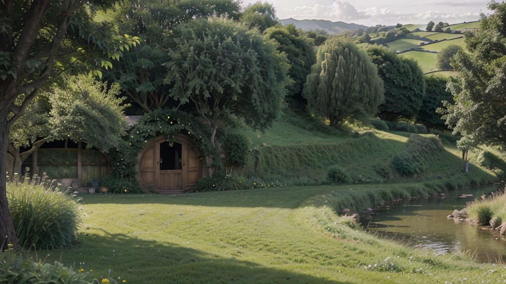 Create a wide landscape image of the Shire from 'The Lord of the Rings'. The scene should include rolling green hills, cozy Hobbit homes with round doors, lush gardens, winding paths, and a peaceful river. The atmosphere should be serene and idyllic, capturing the timeless beauty and tranquility of the Shire
