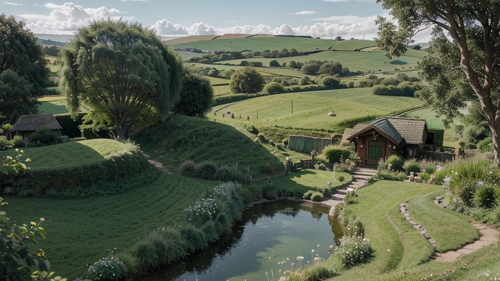 Create a wide landscape image of the Shire from 'The Lord of the Rings'. The scene should include rolling green hills, cozy Hobbit homes with round doors, lush gardens, winding paths, and a peaceful river. The atmosphere should be serene and idyllic, capturing the timeless beauty and tranquility of the Shire