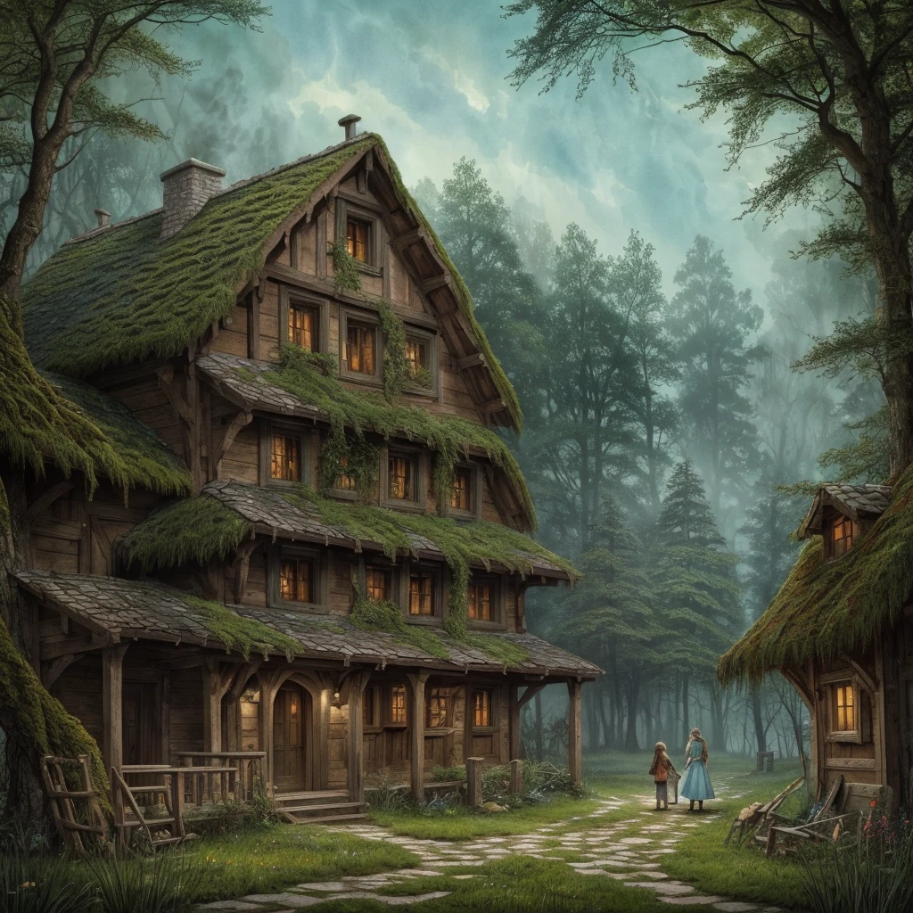 cover page, highres, paid reward available, unparalleled masterpiece, perfect anatomy, terrifying tale, Hansel and Gretel in Temporal Watercolor style, with sky blue and moss green watercolor elements that seem to shift through time, good lighting, volumetric lighting, cinematic shadow,