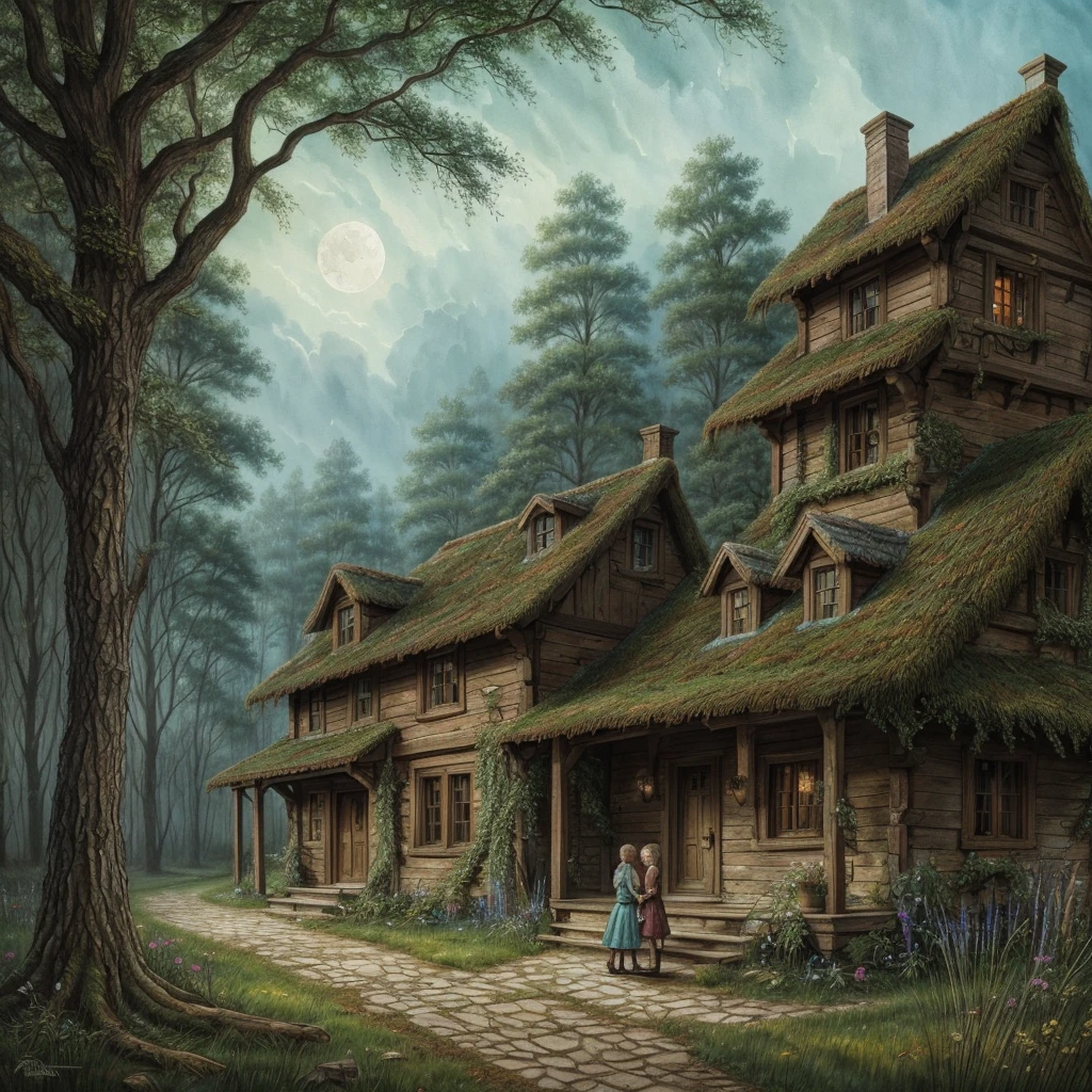 cover page, highres, paid reward available, unparalleled masterpiece, perfect anatomy, terrifying tale, Hansel and Gretel in Temporal Watercolor style, with sky blue and moss green watercolor elements that seem to shift through time, good lighting, volumetric lighting, cinematic shadow,