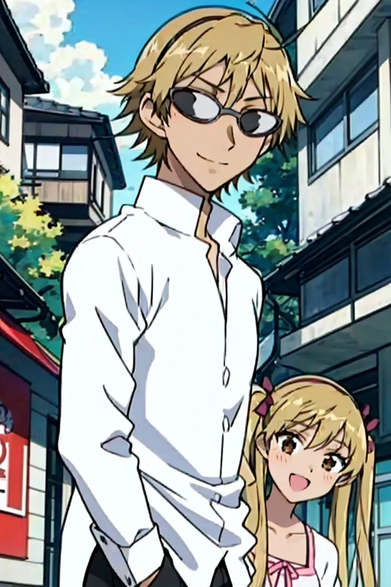 1 boy and 1 girl stand in the street,sawachika eri, twintails, long hair, blonde hair, brown eyes, hair ribbon,harimakenji, glasses, hairband, looking_at_viewer, serious, gakuran, white_shirt,smile,happy