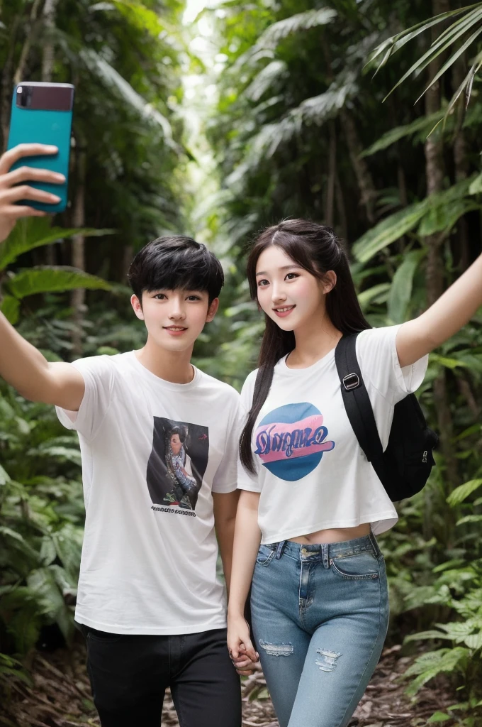 Want full body photography, Romantic couple, a young korean man wearing while teirt, with an indonesian woman, slightly chubby, bun hairstyle, wearing whie toirt, short denim pantis, (taking selfie together), in the dark tropical dense forest.