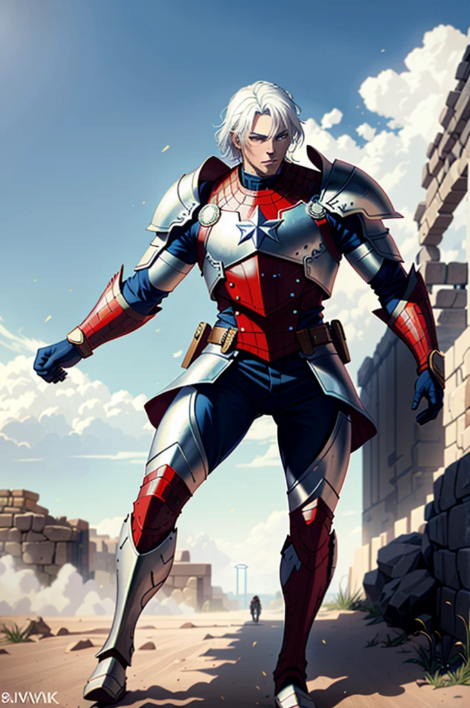 A man with white hair, wearing the armor of an ancient knight, very strong, Marvel superhero style, 8K, better quality and full body in the image, on battlefield.