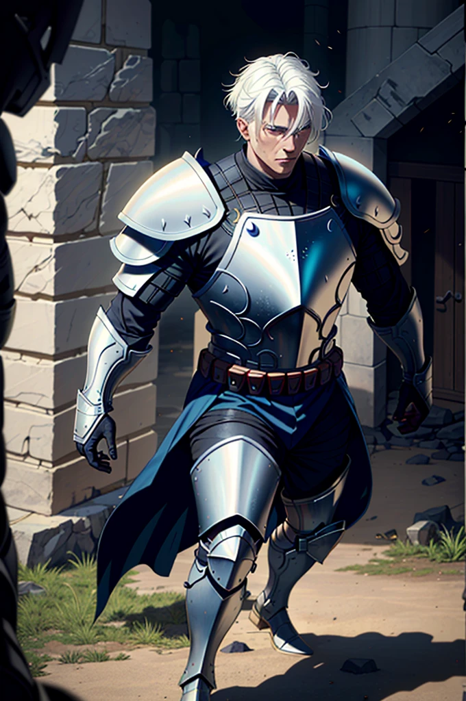 A man with white hair, wearing the armor of an ancient knight, very strong, Marvel superhero style, 8K, better quality and full body in the image, on battlefield.