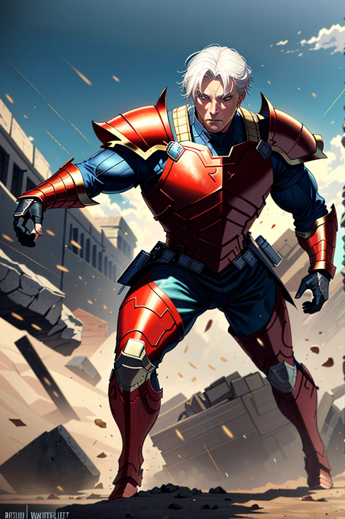 A man with white hair, wearing the armor of an ancient knight, very strong, Marvel superhero style, 8K, better quality and full body in the image, on battlefield.