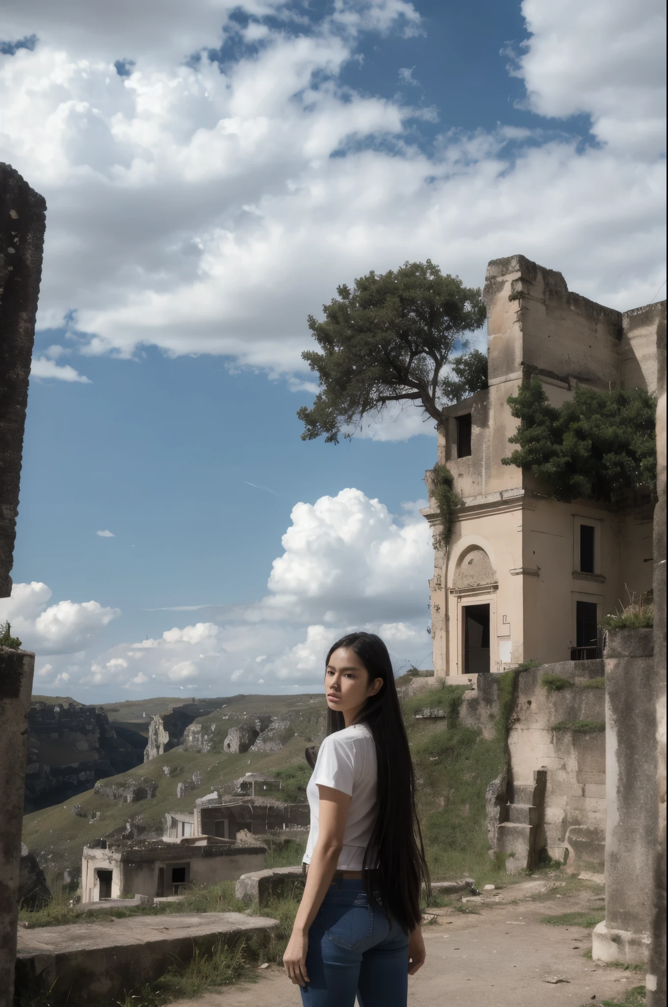 Thai Woman, look at viewer, long hair, shirt, jeans, cloud, day, sky, outdoors, post-apocalypse, ruins, scenery, tree, water, sassi_di_matera landscape