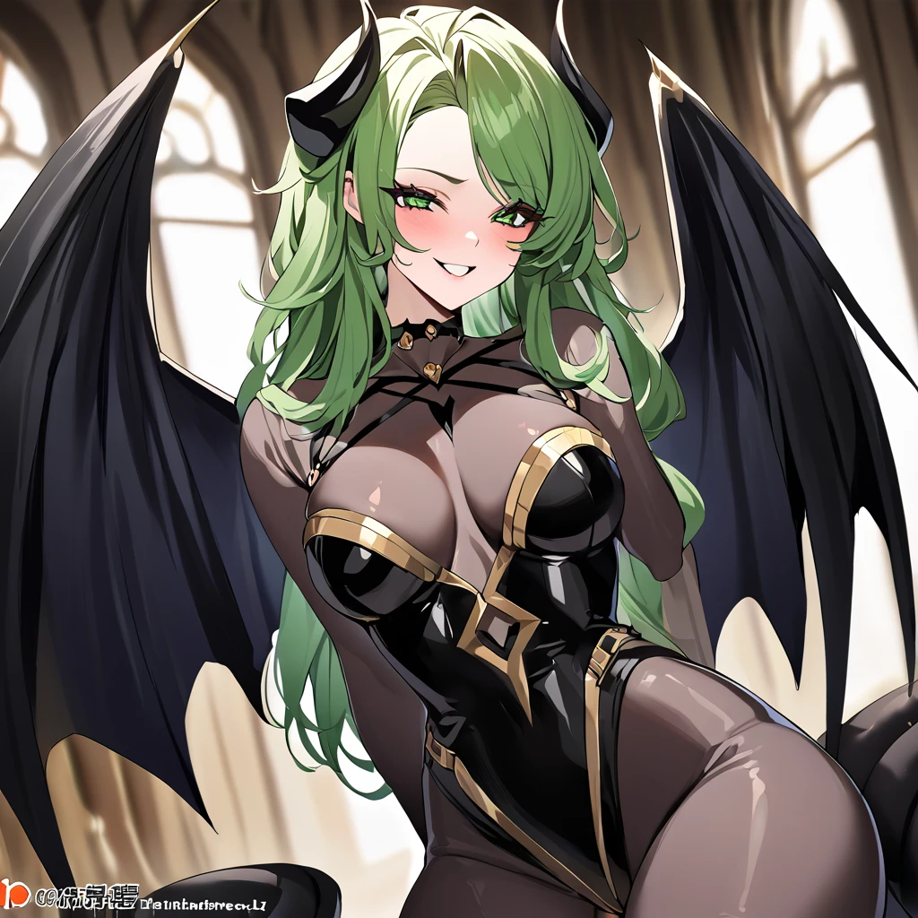 ((Highest quality)), ((masterpiece)), (detailed), (Perfect Face)、The woman is naked and wearing a shiny black full-body bodysuit decorated with gold, the sexy female demon, Devil Queen Lydia.、The woman is a female demon with magnificent devil horns, jet black devil wings, and a jet black tail. She is looking at the camera with a happy expression, named Lydia, and has green, semi-long asymmetrical hair with the expression of a girl in love.、The woman is Lydia