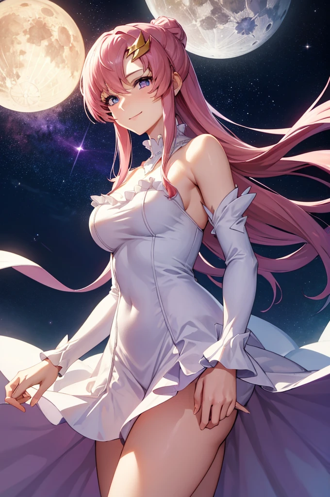 (masterpiece:1.3), (best quality:1.1), (8k, ultra detailed, ultra high res:1.2), ((anime style)), (perfect 5 fingers, perfect anatomy),
1girl,
BREAK long hair,
pink hair,
purple eyes,
long dress, white dress, long sleeve, frill, frill skirt, detached sleeves, shoulder hole tops
looking at viewer, smile, standing,
(cowboy shot1.5),
perfect light,
(detailed background:1.2), space, sun, star, moon, the cosmos, galaxy,