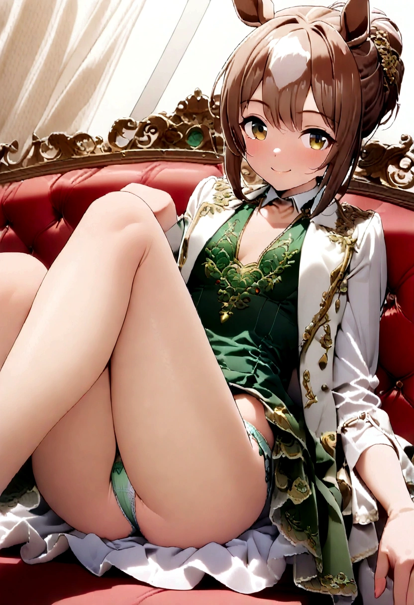 (((Horse Girl))), (((Fine Motion))), Thighs, sitting on a luxurious red sofa, (((Panties are slightly visible))), smile, Dress like a young lady, (((Sexy panties with green embroidery))), High resolution, Knees up, 