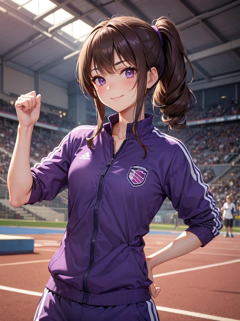 girl, brown hair tied in two, purple eyes, wear uniform, her hair is tied. strong girl, intrepid, sports uniform, domination type, her hair is twins ponytails, girl who loves sports, intrepid, punch, thug, Track and Field Club, smiled proudly