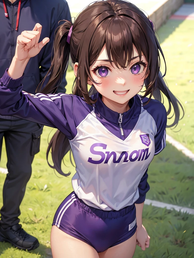 girl, brown hair tied in two, purple eyes, wear uniform, her hair is tied. strong girl, intrepid, sports uniform, domination type, her hair is twins ponytails, girl who loves sports, intrepid, punch, thug, Track and Field Club, smiled proudly