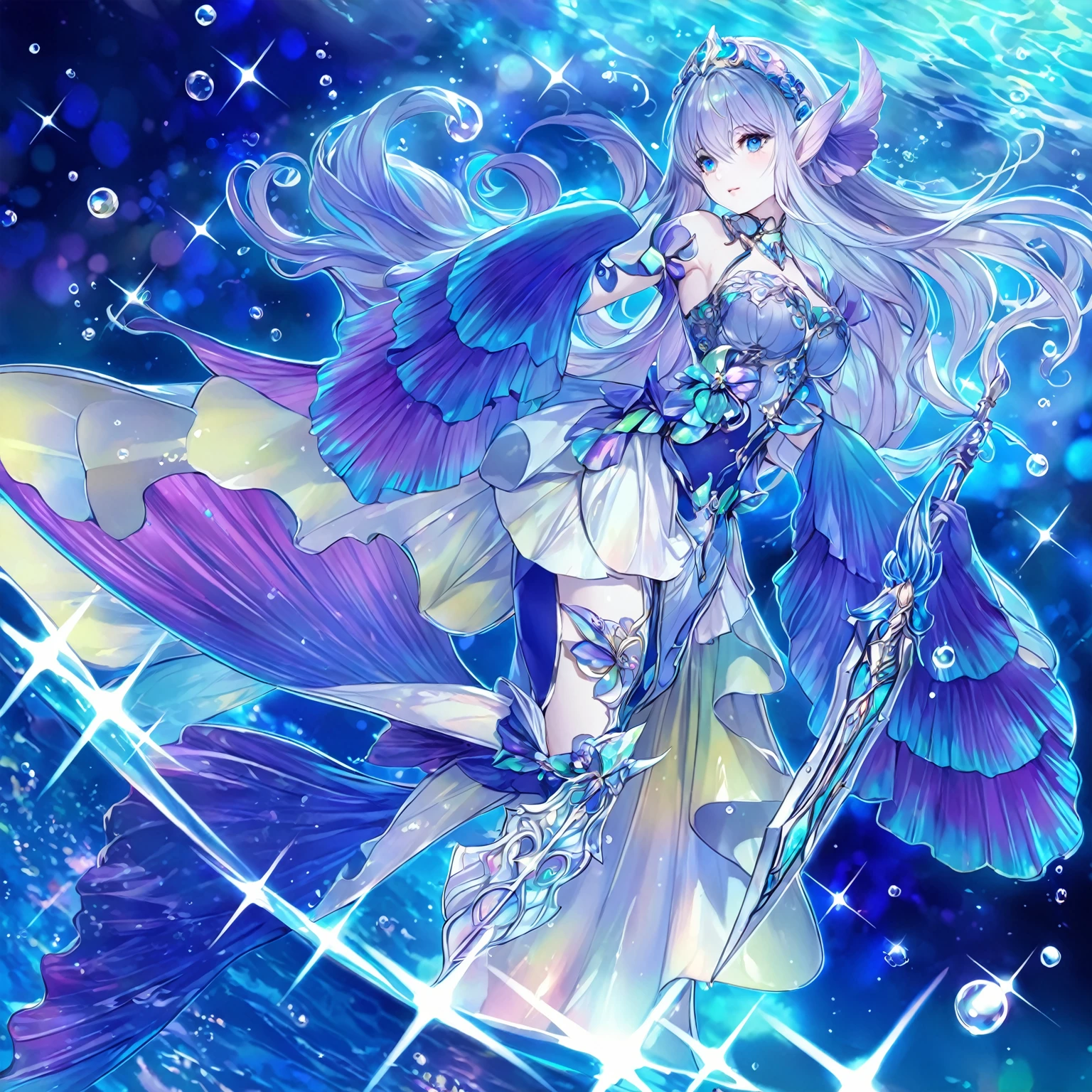 masterpiece, best quality, 1woman adult, female focus, solo, Fantasy aesthetics, Highly detailed, shadowverse style, mermaid