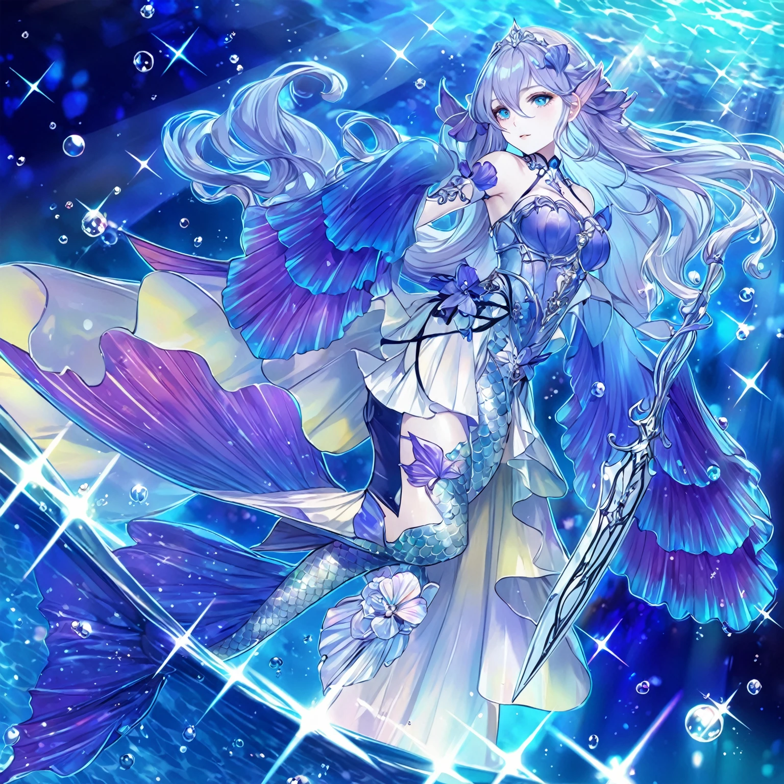 masterpiece, best quality, 1woman adult, female focus, solo,  Fantasy aesthetics, Highly detailed, shadowverse style, mermaid