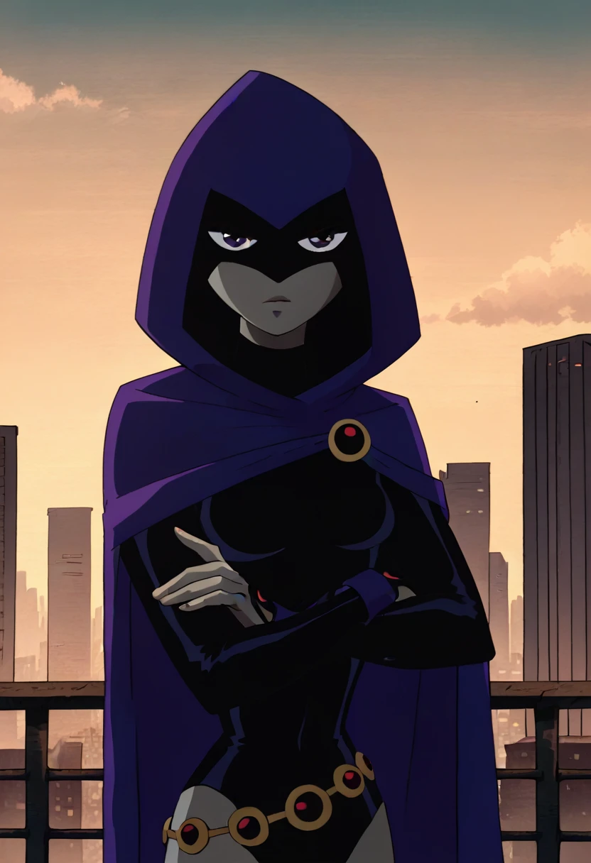 RavenTT, 1girl, solo, breasts, hood, purple eyes, cape, grey skin, belt, superhero, medium breasts, looking at viewer, leotard, sky, cloak,upper body,   crossed arms,city, score_9, score_8_up, score_7_up, score_6_up  