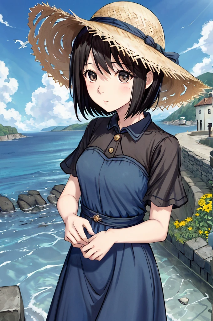 (masterpiece)、Highest quality、Ultra-high resolution、in front_Misaki、Short Hair、cute、Black long dress、Cobblestone Street、Lonely face、blue sea、Beautiful Landscape、Straw hat、View your viewers、Wave one hand、The blazing sun、beautiful girl、Blue sky、
