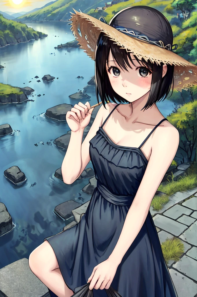 (masterpiece)、Highest quality、Ultra-high resolution、in front_Misaki、Short Hair、cute、Black long dress、Cobblestone Street、Lonely face、blue sea、Beautiful Landscape、Straw hat、View your viewers、Wave one hand、The blazing sun、beautiful girl、Blue sky、