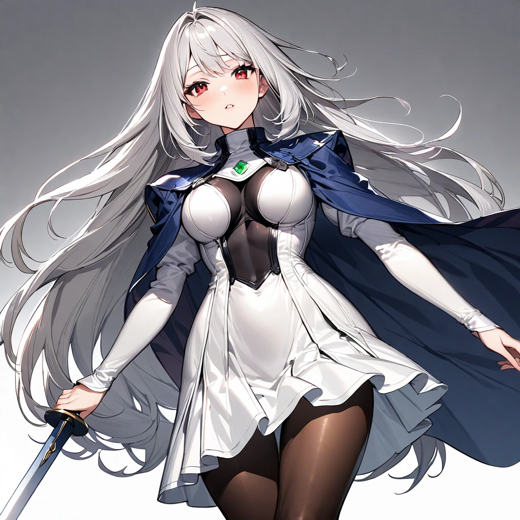 (masterpiece),(Highest quality),(Super detailed),(Best illustrations),(so beautiful), so beautiful長い脚, Silver Hair, Red eyes, Very long hair, Female Wizard, White dress, Blue Cape, Roll-up skirt, pantyhose,  holding weapon, huge sword,