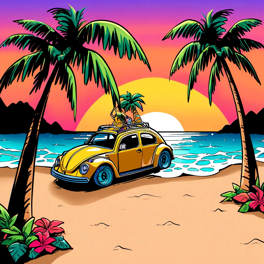 sticker design, Yellow VW Beetle Gladiator Gravity, sunset background, palmtrees, 5 layers of color, Beach by the Sea,