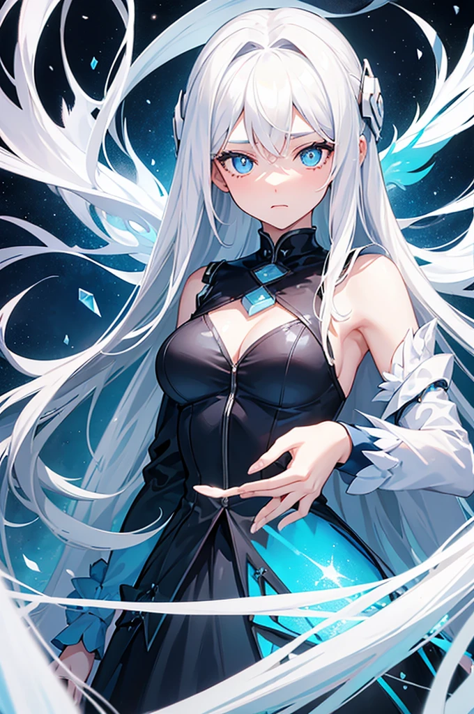 A girl,White long hair,Dissemination,Light blue pupils,Big breasts,,Humanity,A bit dull