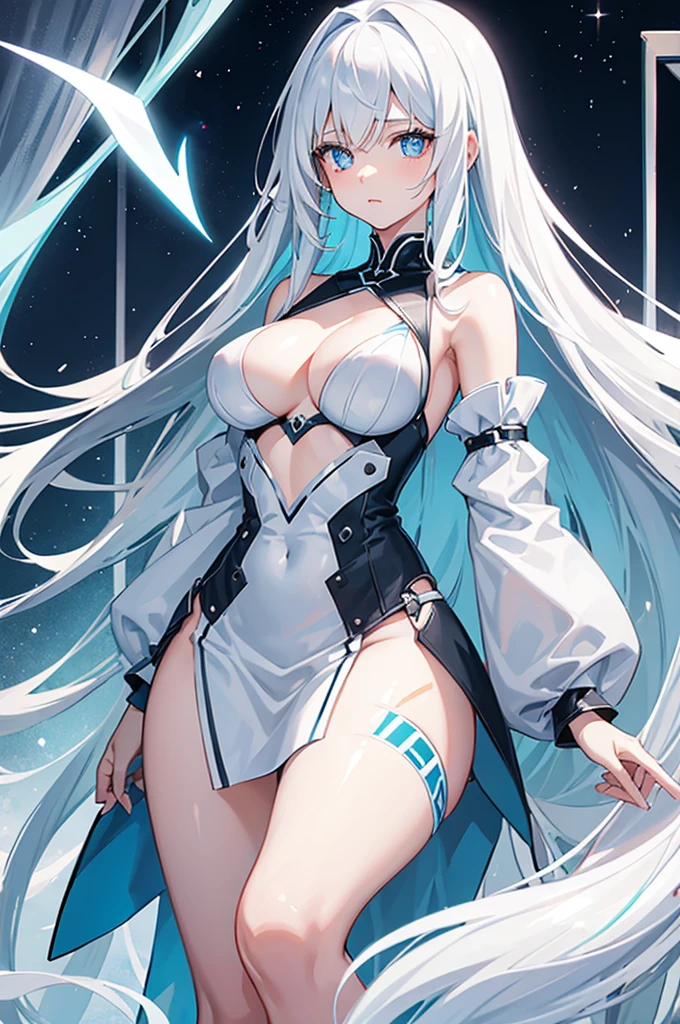 A girl,White long hair,Dissemination,Light blue pupils,Big breasts,,Humanity,A bit dull