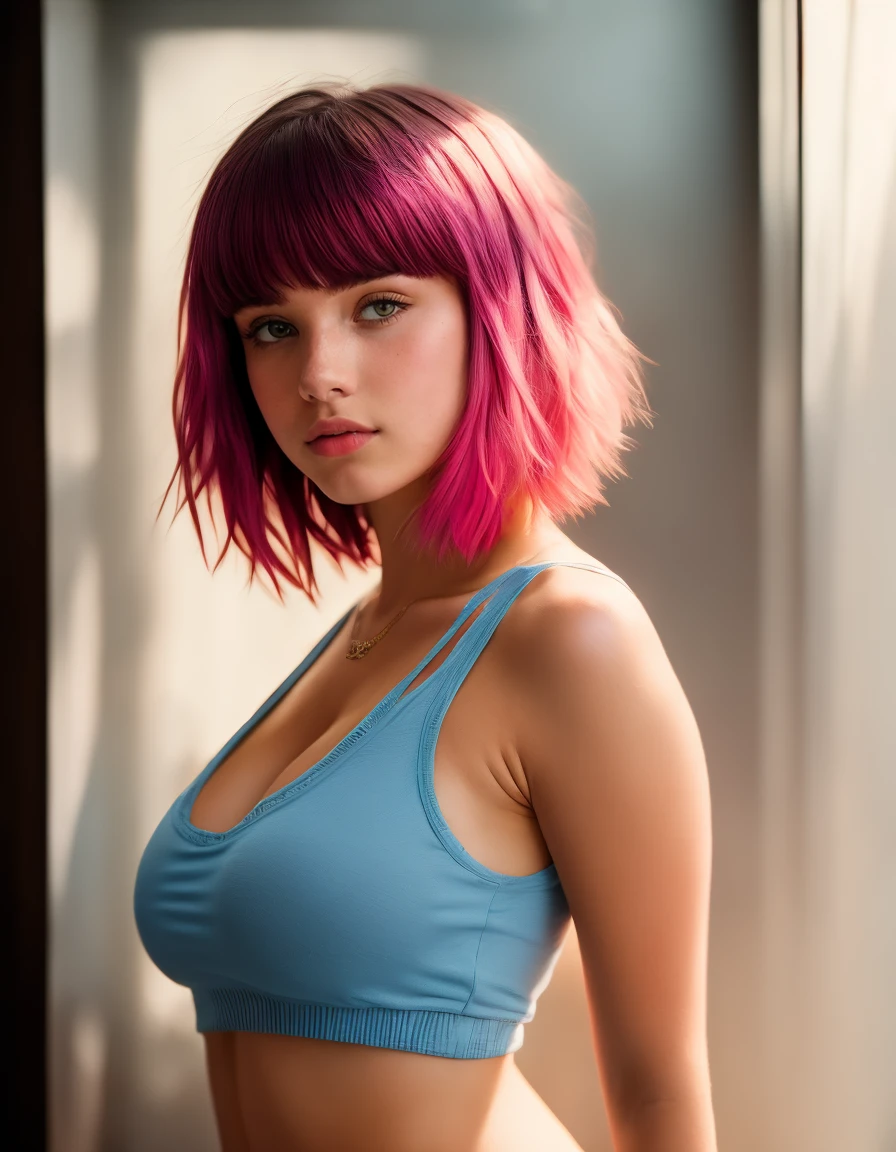 Young european woman, Amazingly beautiful female athletes, Bikini,(Super Metallic Bright Red Holographic Bikini:1.2), short expressive hair, pink hair, Chic muscular body:1.4,(top-quality、8K、32K、​masterpiece),(Photorealsitic:1.4),(The ultra -The high-definition),(Ultra-realistic 8kCG), RAW photo, Half body shot, Beautiful shadow gradient, in a locker room, Perfect Lighting, Beautiful and well-groomed face, beautiful eyes,