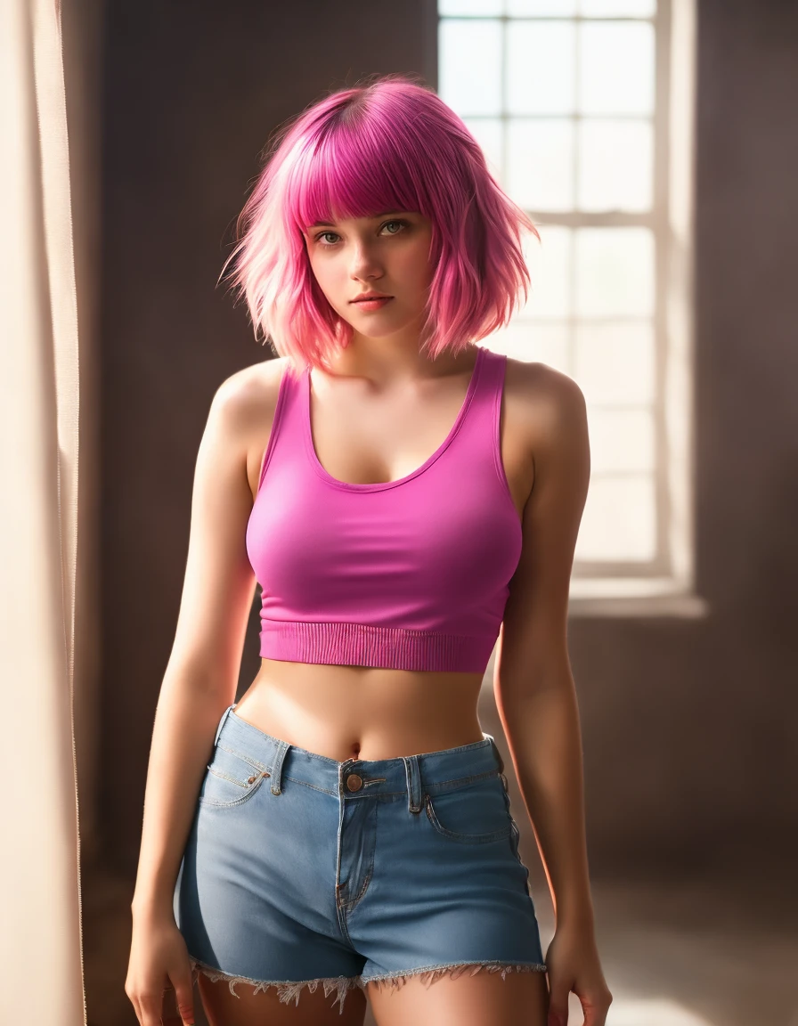 award winning portrait of cute 18 year old busty emo girl with blunt bangs, bob cut, pink hair, wearing a loose blue tank top, dramatic lighting but warm flesh colors, Intricate Detail, Soft Focus, Masterpiece, Concept Art analog RAW photo by Greg Rutkowski, upper body in frame